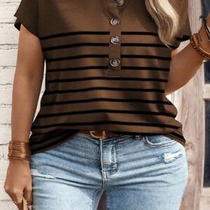SHEIN Brown and Black Striped Button-Down Shirt
